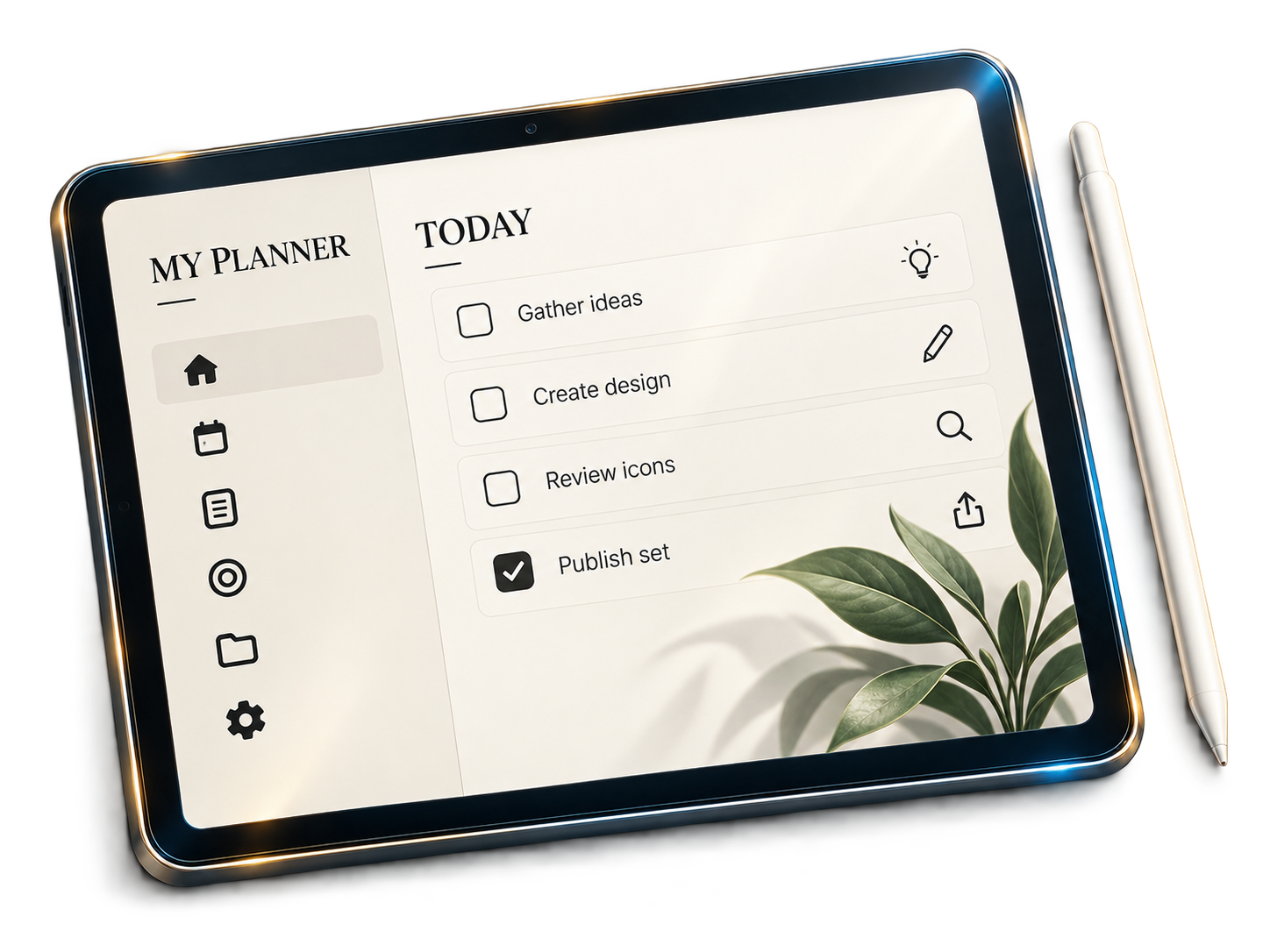Örnek planlayıcı ve kalem içeren tablet görselleştirmesi